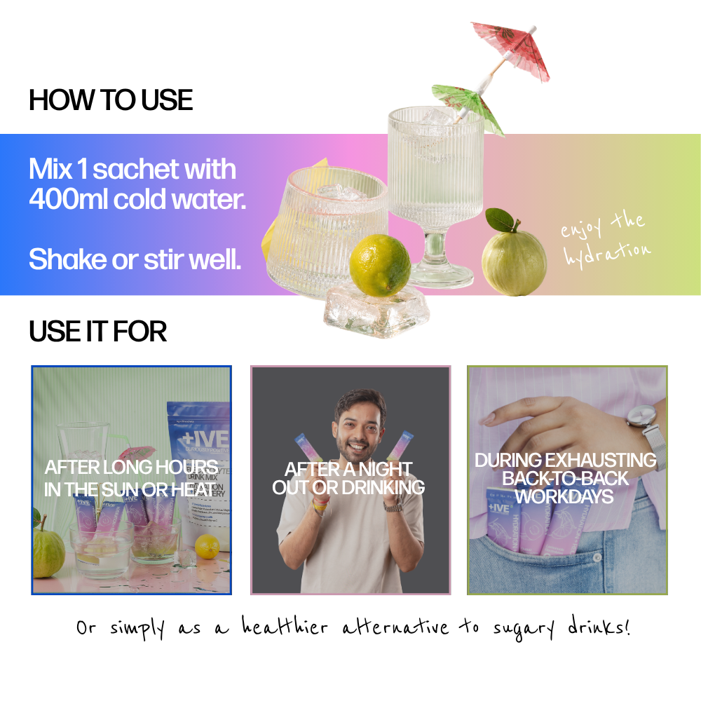 +IVE - Electrolytes Drink Mix - Assorted Flavour Pack (Lemonade + Guava) - 80gm (4g x 20 Sachet)