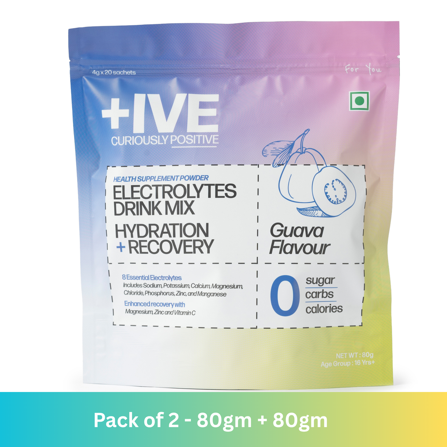 +IVE Electrolytes Drink Mix - Guava Flavour - Pack of 2 - 80gm + 80gm (4g x 40 Sachet)