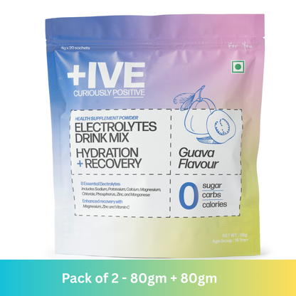 +IVE Electrolytes Drink Mix - Guava Flavour - Pack of 2 - 80gm + 80gm (4g x 40 Sachet)