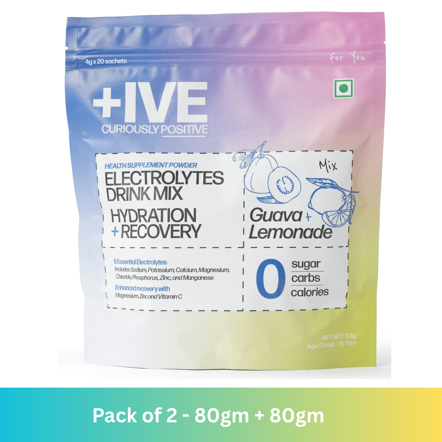 +IVE Electrolytes Drink Mix - Assorted Flavour (Lemonade + Guava) - Pack of 2 - 80gm + 80gm (4g x 40 Sachet)