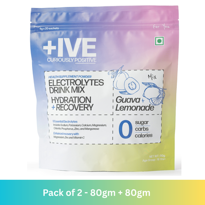 +IVE Electrolytes Drink Mix - Assorted Flavour (Lemonade + Guava) - Pack of 2 - 80gm + 80gm (4g x 40 Sachet)