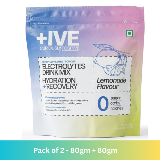 +IVE Electrolytes Drink Mix - Lemonade Flavour - Pack of 2 - 80gm + 80gm (4g x 40 Sachet)