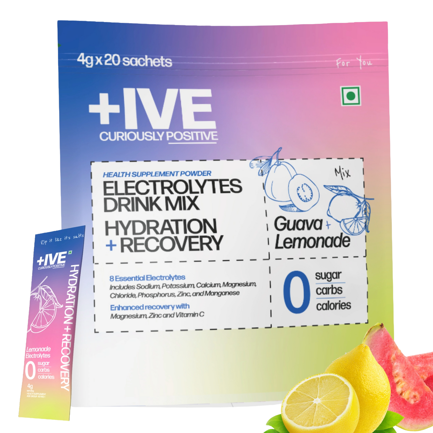 +IVE - Electrolytes Drink Mix - Assorted Flavour Pack (Lemonade + Guava) - 80gm (4g x 20 Sachet)