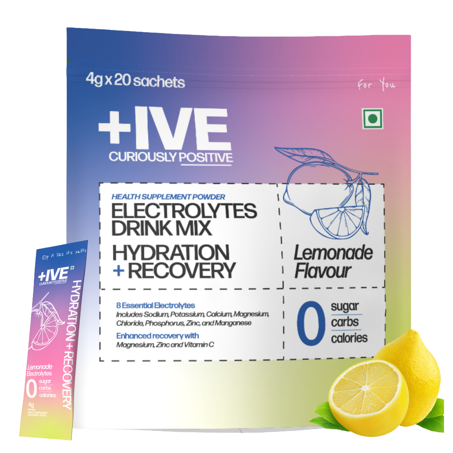 +IVE - Electrolytes Drink Mix - Lemonade Flavour Pack - 80gm (4g x 20 Sachet)